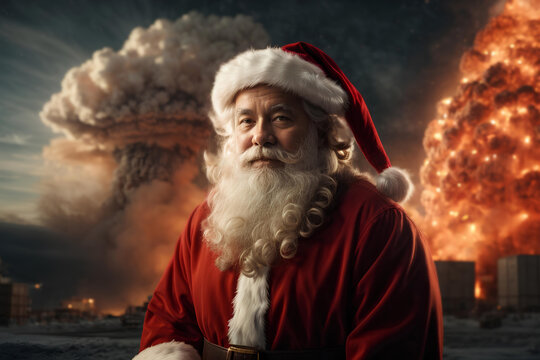 Santa Claus against the backdrop of nuclear explosion or rocket explosion. Christmas and New Year holidays in a country where there is war