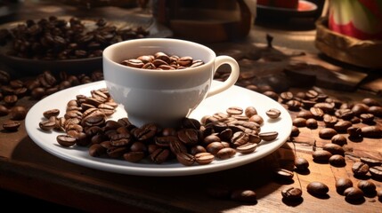 Roasted coffee beans in a white cup and saucer