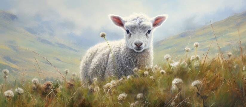 Lost lamb searching for mother in Scottish highlands isolated pastel background Copy space
