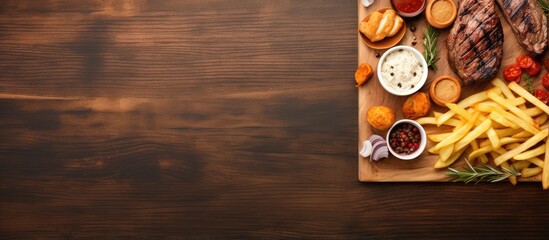 Grilled meat with fries served on wooden board isolated on a isolated pastel background Copy space
