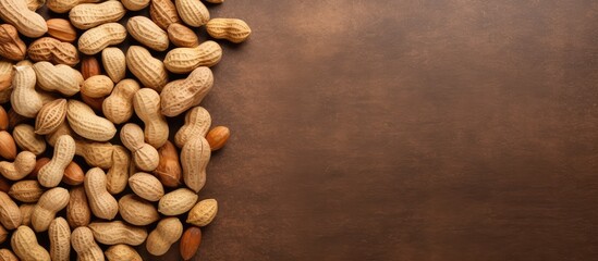 Isolated top view of unshelled peanuts on a isolated pastel background Copy space