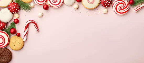 Tuinposter Homemade cookies topped with cream and candy cane on a isolated pastel background Copy space © HN Works
