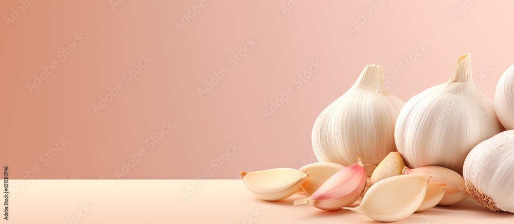 Poster Garlic cloves isolated on a isolated pastel background Copy space with clipping path