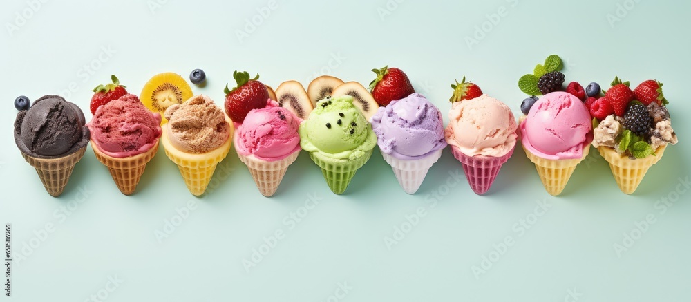 Poster ice cream scoops in varying colors and flavors with fruit decoration isolated on a isolated pastel b