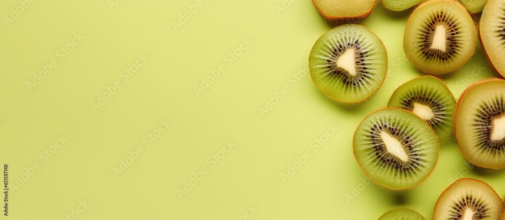 Poster kiwi fruit on a isolated pastel background copy space closeup top view