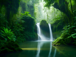 Fototapeta premium amazing tranquil pond and waterfall nestled in a lush forest, surrounded by trees 