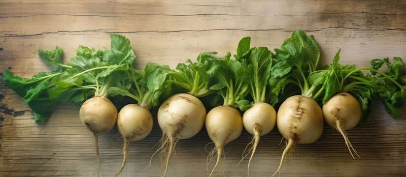 Fresh turnip greens on a wooden surface against a isolated pastel background Copy space