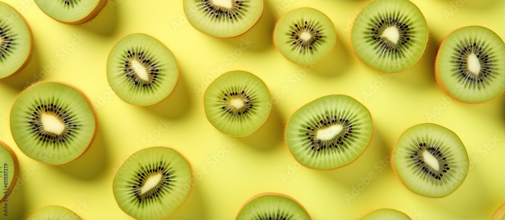Poster kiwi a tropical fruit can be enjoyed as a healthy snack both whole and sliced isolated pastel backgr