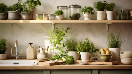 Fototapeta na wymiar Scandinavian Herb Garden Kitchen A kitchen with an indoor herb garden, open shelves, and a farmhouse sink for culinary adventures