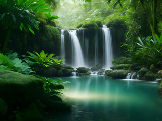 amazing tranquil pond and waterfall nestled in a lush forest, surrounded by trees 