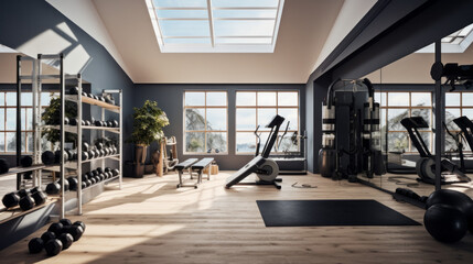 Scandinavian Home Gym A home gym with workout equipment, motivational quotes, and mirrors to keep fit and active - obrazy, fototapety, plakaty