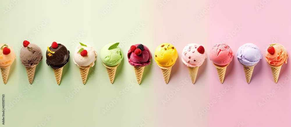 Poster ice cream scoops in varying colors and flavors with fruit decoration isolated on a isolated pastel b