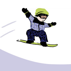 Ilustracja chłopca skaczącego na snowboardzie - obrazy, fototapety, plakaty
