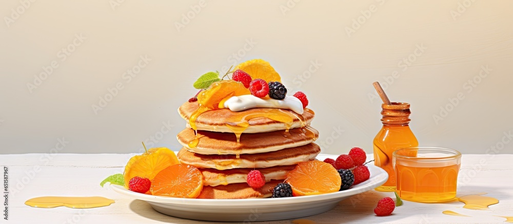 Poster mini pancakes topped with fruit and honey on a plate accompanied by yogurt and honey in the backgrou