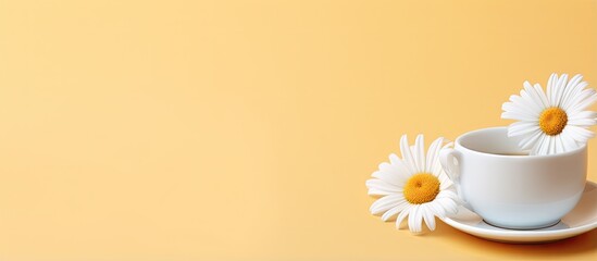 Fototapeta na wymiar Isolated black cup of chamomile flower isolated pastel background Copy space
