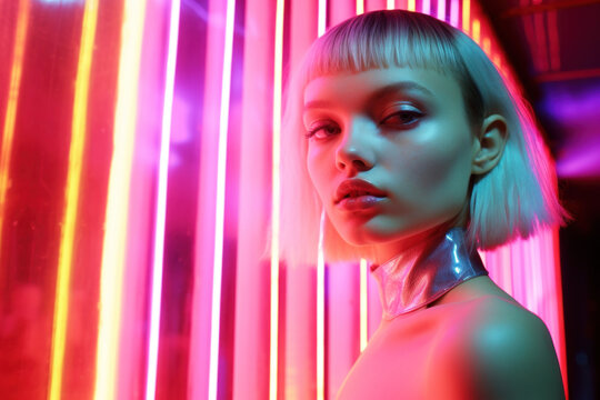 young caucasian blonde woman in futuristic sci-fi virtual reality setting with pink neon lights in retro 90s style robotic cinematic  in magazine editorial textured film look