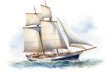 Vintage 19th century sailboat at sea isolated on a white background