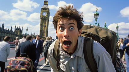 Intriguing display of a nervous tourist in London, exhibiting anxiety near the iconic Big Ben. Perfectly captures emotion amidst bustling city attractions. - obrazy, fototapety, plakaty
