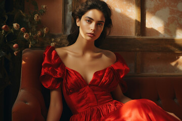 elegant glamorous latin american woman/actress/hollywood star with dark brown hair and brown eyes in red burgundy satin dress gown in magazine editorial textured film look 