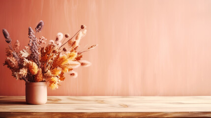 Empty wooden table and vase with dry flowers - obrazy, fototapety, plakaty