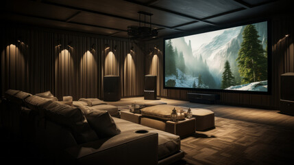 Scandinavian Movie Theater A dedicated home theater with plush reclining seats, a projector screen, and soundproofing for an immersive cinematic experience - obrazy, fototapety, plakaty