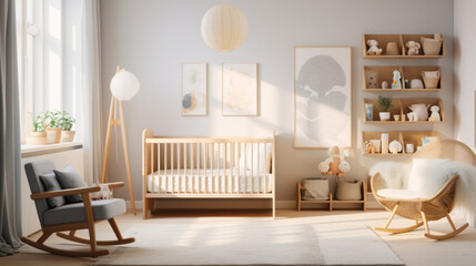 Scandinavian Nursery Designed for a baby, this room includes a crib, a changing table, and soft...