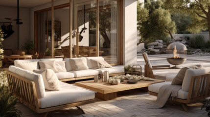 Scandinavian Outdoor Lounge A seamless transition between indoors and outdoors with sliding glass doors, outdoor furnishings, and garden views - obrazy, fototapety, plakaty