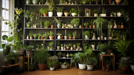 Scandinavian Plant Lover's Paradise A plant-filled haven with shelves of potted greenery, succulents, and hanging planters