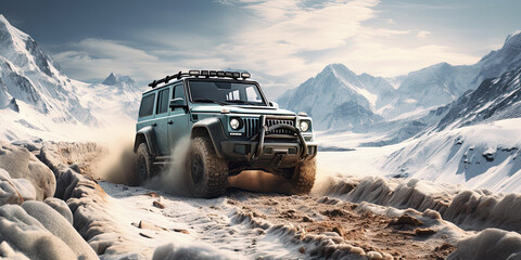 4x4 SUV rides on adventure journey in mountains in winter off-road with snow and snowdrifts - obrazy, fototapety, plakaty