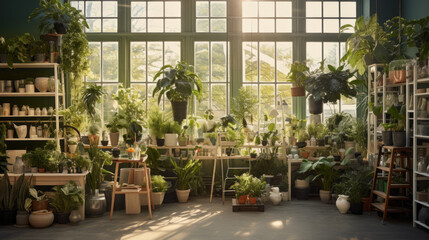 Fototapeta na wymiar Scandinavian Plant Lover's Paradise A plant-filled haven with shelves of potted greenery, succulents, and hanging planters