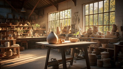Scandinavian Potters' Studio A workspace for pottery and ceramics enthusiasts, complete with a potter's wheel, kiln, and artisanal pottery - obrazy, fototapety, plakaty