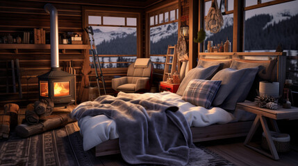 Obraz na płótnie Canvas Scandinavian Ski Cabin Retreat A cozy cabin retreat with ski gear storage, a roaring fireplace, and cozy blankets for après-ski relaxation