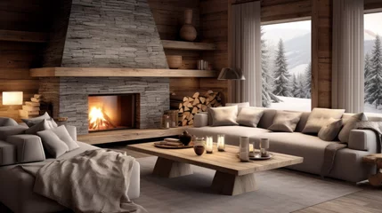 Tuinposter Scandinavian Ski Chalet Warm wood, fur throws, and a stone fireplace give a ski lodge vibe A sectional sofa and a log coffee table complete the cozy ambiance  © Textures & Patterns