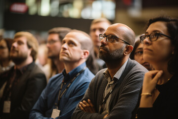 Candid shot of engaged conference attendees attentively listening to captivating speaker - obrazy, fototapety, plakaty