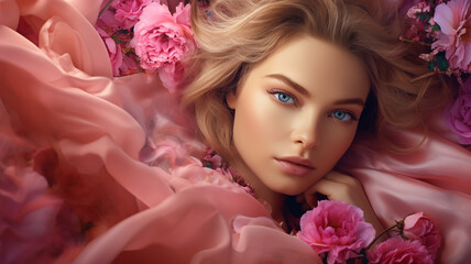 A beautiful blue-eyed woman wearing a veil in a field of pink roses. cosmetics photo, beauty industry advertising photo. Beauty Concept Photos.