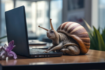 Giant snail working on a computer, concept of slow work, slow connection, internet - obrazy, fototapety, plakaty
