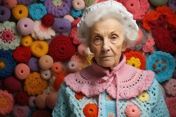 Senior woman sitting on sofa in Hand made knitted clothes. Craft and DIY concept.