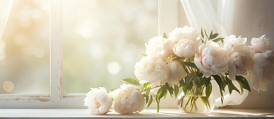 Peonies in a white vase near a window in the sunlight