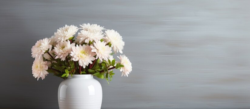 Mockup of a white framed portrait with chrysanthemum flowers in a vase against a grey wall