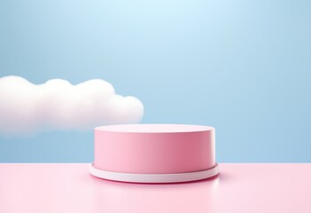 Cake shape product presentation stage podium with cotton candy on pastel color background.