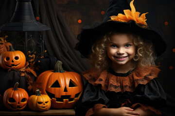 Fototapeta premium Cute little smiling girl in witch costume with Halloween pumpkins