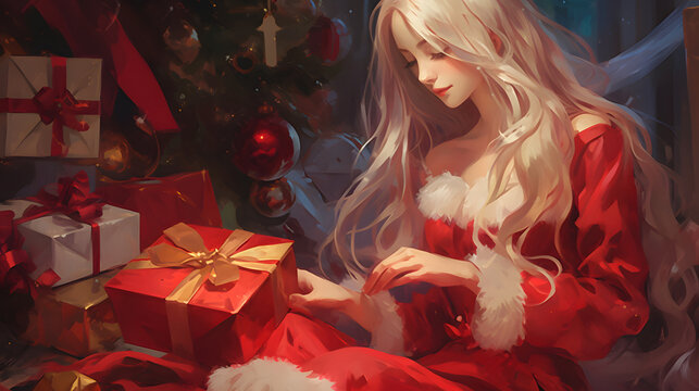 anime style girl opening gifts at christmas, christmas digital painting