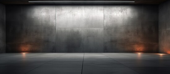 Nighttime view of a rendered abstract illuminated concrete room