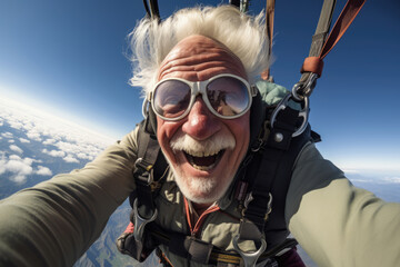 Obraz premium old man flies on parachute, young at heart concept