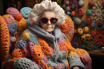 Senior woman sitting on sofa in Hand made knitted clothes. Craft and DIY concept. - obrazy, fototapety, plakaty