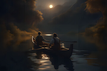 Two person on the row boat is rowing down the stream