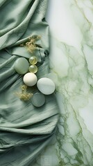 Jade marble fabric alongside matching green lace, exuding calmness and serenity. Vertical orientation. 