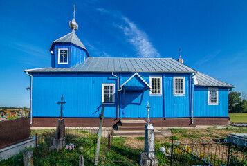 General view and architectural details of the Orthodox Cemetery Church of St. Elijah built in the second half of the 20th century in the town of Hryniewicze Duze in Podlasie, Poland.
