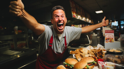 Captivating display of a furious snack bar employee at a bowling alley, visibly incensed with clenched fists and irate expression.