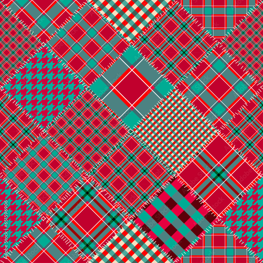 Poster Patchwork textile pattern. Seamless quilting design background. Merry Christmas cozy pattern.